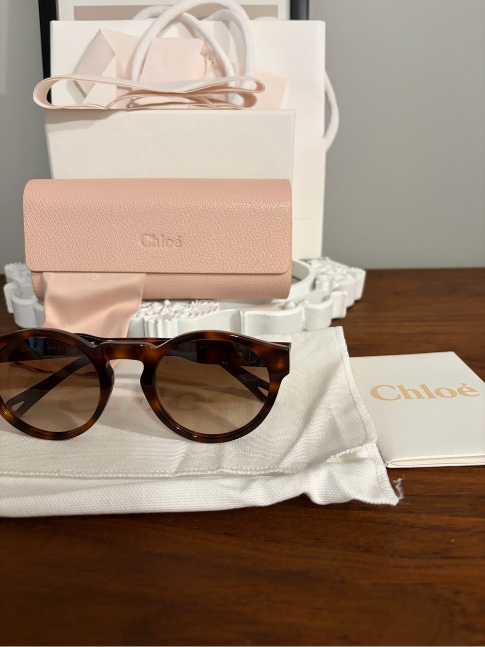 Chloé Pink Leather Sunglasses Case with Tortoiseshell Sunglasses
